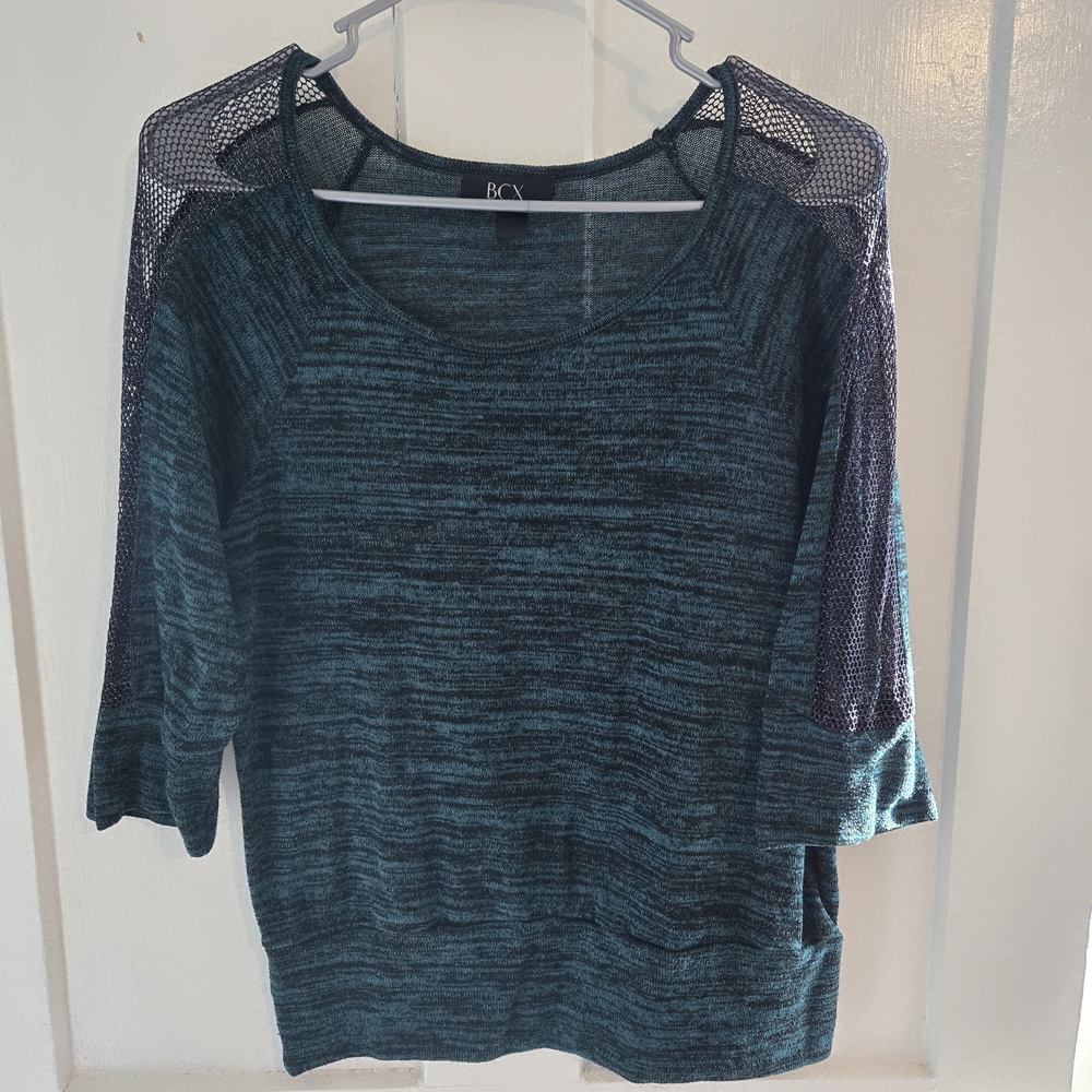 BCX Green Quarter Sleeve Shirt with Trendy Black Metallic Fishnet Accents, Large
